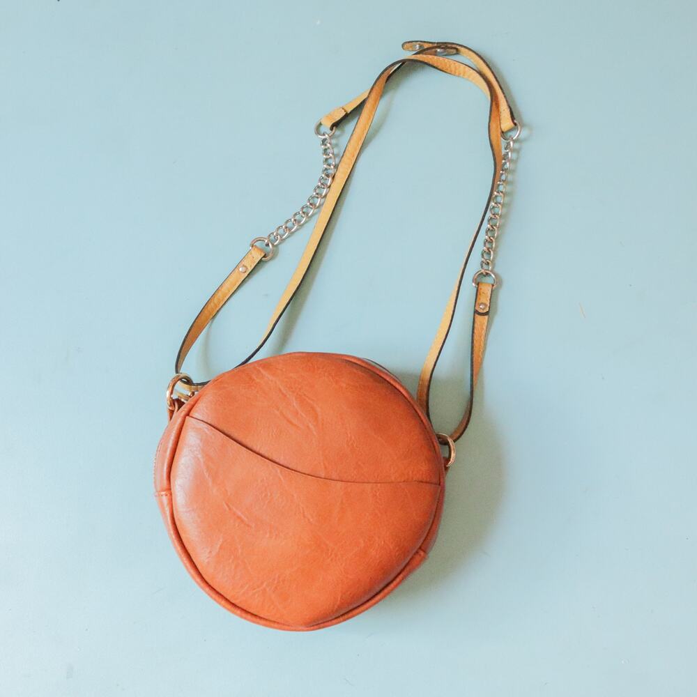 Ah-dorned Brown Vegan Leather Circle Crossbody Silver Chain Mini Bag